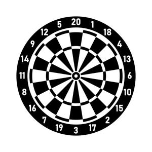 May include: A circular dartboard featuring a high-contrast black and white pattern. The board displays a standard numerical layout around the outer edge, with numbers ranging from 1 to 20 arranged in a specific sequence around the perimeter.