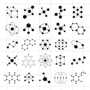 Peut inclure: Une collection de vingt-cinq icônes noires représentant divers diagrammes scientifiques, incluant des structures moléculaires, des liaisons chimiques, des modèles atomiques avec des anneaux orbitaux et des motifs géométriques en grille.