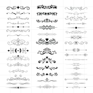 May include: A selection of black decorative design elements, including swirls, flourishes, and borders. The designs vary in complexity, with some featuring hearts, diamonds, and floral motifs. Suitable for digital scrapbooking or crafting projects.