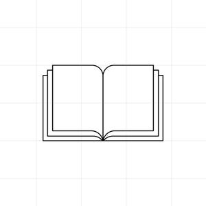 May include: A black and white line art illustration of an open book. The drawing features a central spine with two open pages visible, showing multiple layers of paper on each side, rendered with clean, minimalist black outlines on a white background.