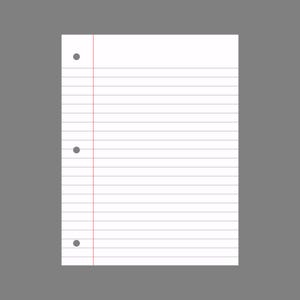 Può includere: Un foglio di carta a righe bianco con linee orizzontali blu e una linea di margine verticale rossa sul lato sinistro. La carta presenta tre fori circolari lungo il bordo sinistro per l'inserimento in un raccoglitore.