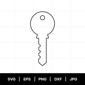 Pode incluir: Uma ilustração de arte linear em preto e branco de uma chave padrão com cabeça circular, um pequeno orifício no centro e uma lâmina serrilhada. O texto SVG, EPS, PNG, DXF, JPG é exibido em fonte branca numa barra preta na parte inferior.