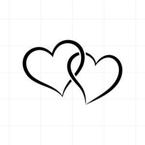 May include: A black graphic illustration of two interlocking hearts with clean, continuous outlines. The design features two symmetrical heart shapes that overlap in the center, creating a singular, unified symbol against a plain white background.