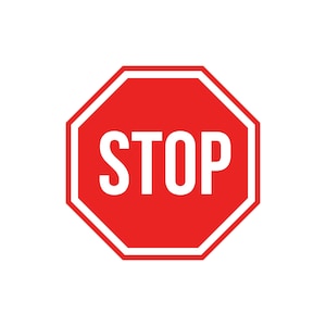 Könnte beinhalten: Ein rotes, achteckiges Verkehrsschild mit weißem Rand und dem Wort STOP in fetten, weißen Großbuchstaben in der Mitte. Das Design ist flach und symmetrisch und verwendet ein kontrastreiches Farbschema für eine klare Sichtbarkeit.