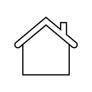 Peut inclure: Un dessin au trait simple en noir et blanc représentant une icône de maison. Le graphique présente une base rectangulaire avec un toit triangulaire et une petite cheminée sur le côté droit. Les lignes sont nettes, épaisses et uniformes.