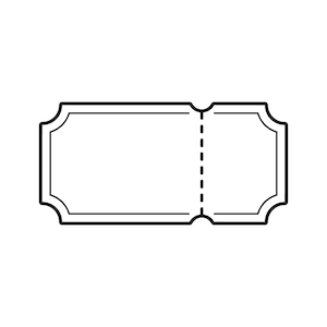 Puede incluir: Un contorno de boleto de admisión rectangular que presenta un borde negro con esquinas festoneadas decorativas y una línea vertical discontinua que indica un punto de perforación, creando dos secciones distintas en el espacio blanco.