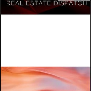 以下が含まれることがあります： 黒いヘッダーに白い文字で「THE AI-INTEGRATED REAL ESTATE DISPATCH」と小さな金のエンブレムが描かれた長方形のグラフィックデザイン。中央は大きな白いスペースで、下部には柔らかく流れるようなオレンジ色の布地が表示されています。