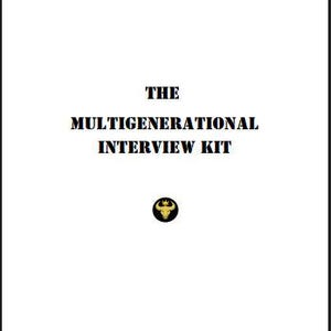 May include: A white document cover featuring the black text THE MULTIGENERATIONAL INTERVIEW KIT centered in the upper portion. Below the text is a small black circular icon containing a gold-colored bull head silhouette with a crown.