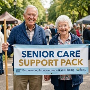 Peut inclure: Une bannière rectangulaire bleu clair tenue par deux poteaux en bois, affichant le texte SENIOR CARE SUPPORT PACK en lettres bleues et dorées, avec le slogan Empowering Independence & Well-being et deux petits logos d'organisation en bas.