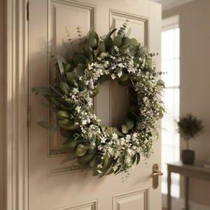 May include: A circular wreath featuring dark green eucalyptus leaves and small white flowers. The foliage is arranged in a dense, layered pattern, creating a full, rounded shape. The wreath is mounted on a light beige door with panel detailing.