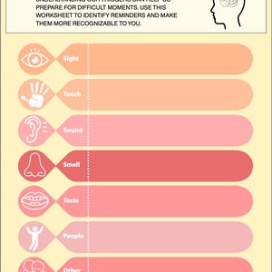 May include: A worksheet titled "TRAUMA TRIGGERS" with sections for identifying reminders. The sections are labeled "Sight," "Touch," "Sound," "Smell," "Taste," "People," and "Other." The worksheet includes a graphic of a brain and a light yellow background.