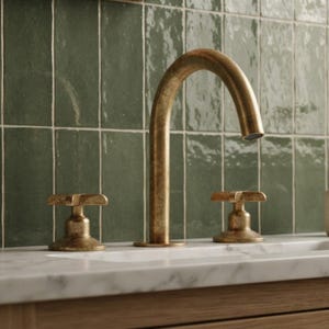 May include: A brass bathroom faucet with a high arched spout and two cross-shaped handles. The fixture features a weathered, matte metallic finish and is mounted on a white marble countertop with a green tiled backsplash behind the unit.