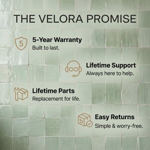 May include: A light green tiled background with the text THE VELORA PROMISE. It lists a 5-Year Warranty, Lifetime Support, Lifetime Parts, and Easy Returns, each accompanied by a gold icon representing a shield, headset, wrench with box, and a package.