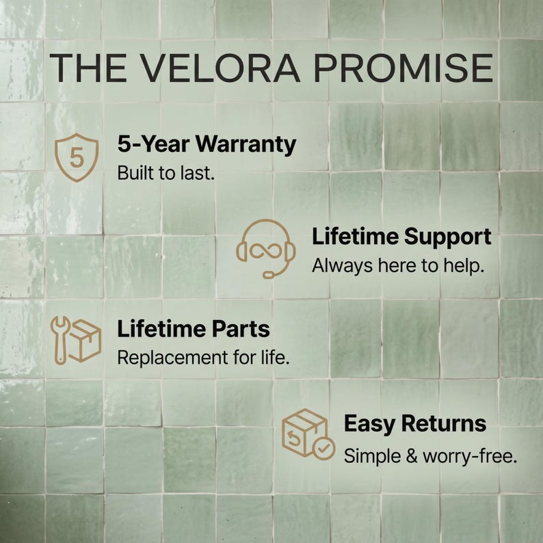 May include: A light green tiled background with the text THE VELORA PROMISE. It lists a 5-Year Warranty, Lifetime Support, Lifetime Parts, and Easy Returns, each accompanied by a gold icon representing a shield, headset, wrench with box, and a package.