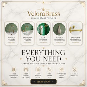 May include: A VeloraBrass advertisement on a white marble background featuring five circular product images: kitchen faucets, bathroom faucets, rain showers, kitchen accessories, and bathroom accessories. Text includes Everything You Need.