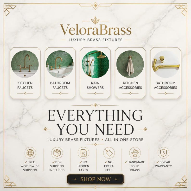 May include: A VeloraBrass advertisement on a white marble background featuring five circular product images: kitchen faucets, bathroom faucets, rain showers, kitchen accessories, and bathroom accessories. Text includes Everything You Need.