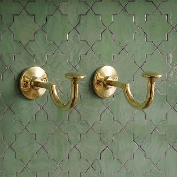 Unlacquered Brass Wall Hooks Set of 2, Bathroom Towel & Coat Hooks