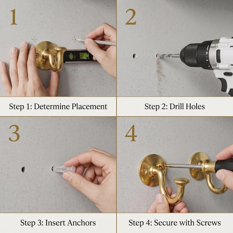 May include: A four-step instructional guide for installing brass wall hooks. Step 1: Determine Placement using a level and pencil. Step 2: Drill Holes with a power drill. Step 3: Insert Anchors into the wall. Step 4: Secure with Screws using a screwdriver.