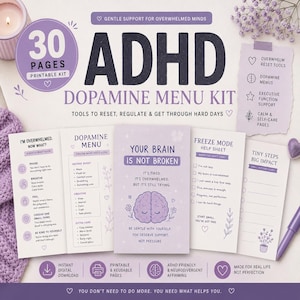 Può includere: Un kit stampabile di menu della dopamina per ADHD con 30 pagine, progettato per resettare, regolare e superare le giornate difficili. Il kit include strumenti, menu e pagine di auto-cura. La combinazione di colori è principalmente viola e bianco.