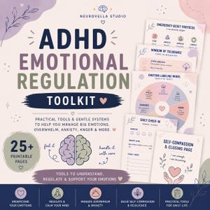 Może przedstawiać: Zestaw narzędzi do regulacji emocji ADHD z ponad 25 stronami do wydrukowania. Obraz przedstawia zestaw narzędzi z praktycznymi narzędziami do zarządzania emocjami, przytłoczeniem i lękiem. Zawiera codzienne sprawdzanie i stronę samowspółczucia.