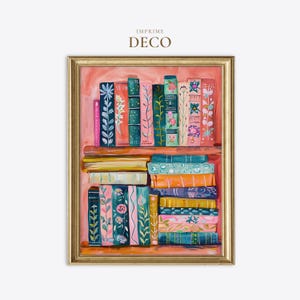 Puede incluir: Una pintura enmarcada de dos estantes llenos de libros coloridos con patrones florales y geométricos. Los libros están dispuestos vertical y horizontalmente en tonos rosa, azul, verde y naranja. El texto IMPRIME DECO es visible.