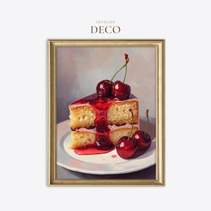 Puede incluir: Una lámina de arte enmarcada que muestra una porción de bizcocho amarillo con un glaseado rojo de cereza y cuatro cerezas frescas. El texto IMPRIME DECO aparece en dorado sobre la imagen, dentro de un marco dorado fino.