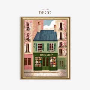 Puede incluir: Una ilustración digital enmarcada de una librería verde con techo azul oscuro, rodeada de árboles con flores rosas y edificios adyacentes. El escaparate muestra una gran vitrina llena de libros coloridos y el texto BOOK SHOP.