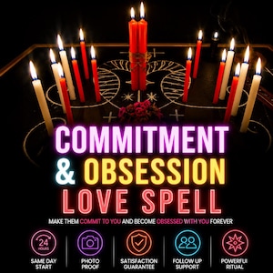 Op de afbeelding: Donkere afbeelding met brandende kaarsen en de tekst "COMMITMENT & OBSESSION LOVE SPELL". De afbeelding bevat pictogrammen voor dezelfde dag start, fotobewijs, tevredenheidsgarantie, follow-up support en krachtig ritueel.