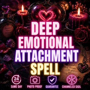 Op de afbeelding: Een digitale afbeelding met de tekst DEEP EMOTIONAL ATTACHMENT SPELL in dikke witte letters. De achtergrond toont donkerpaarse kaarsen, rode rozen, een hartvormige hanger en een klein flesje met het label Bonded Heart Forever.