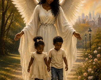 May include: An illustration of a guardian angel with large white wings and a halo, wearing a long white gown, walking behind a young girl in a white dress and a young boy in a white shirt and blue jeans on a path lined with flowers and lamps.