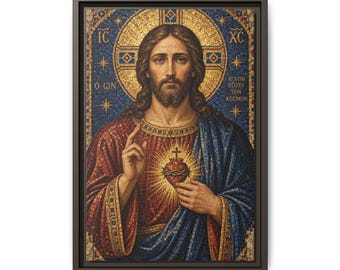 May include: A framed mosaic-style wall art print depicting a bearded figure with long brown hair, wearing a red tunic and blue mantle. The figure has a golden halo, holds a flaming heart with a cross, and features Greek text including IC XC.
