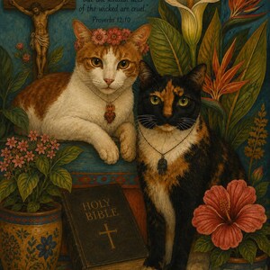 May include: An oil painting featuring an orange and white cat wearing a flower crown and a sacred heart pendant, and a calico cat with a hamsa pendant. The scene includes a crucifix, a Holy Bible, potted flowers, and the text Proverbs 12:10.