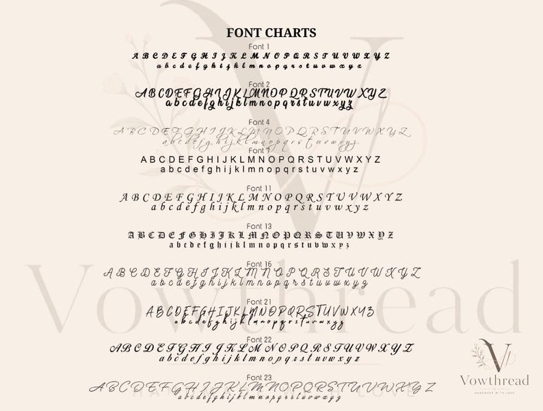 May include: A font chart displaying ten distinct black typeface styles labeled Font 1, 2, 4, 7, 11, 13, 15, 21, 22, and 23. Each style includes uppercase and lowercase letters of the alphabet. The Vowthread logo is visible in the bottom right corner.