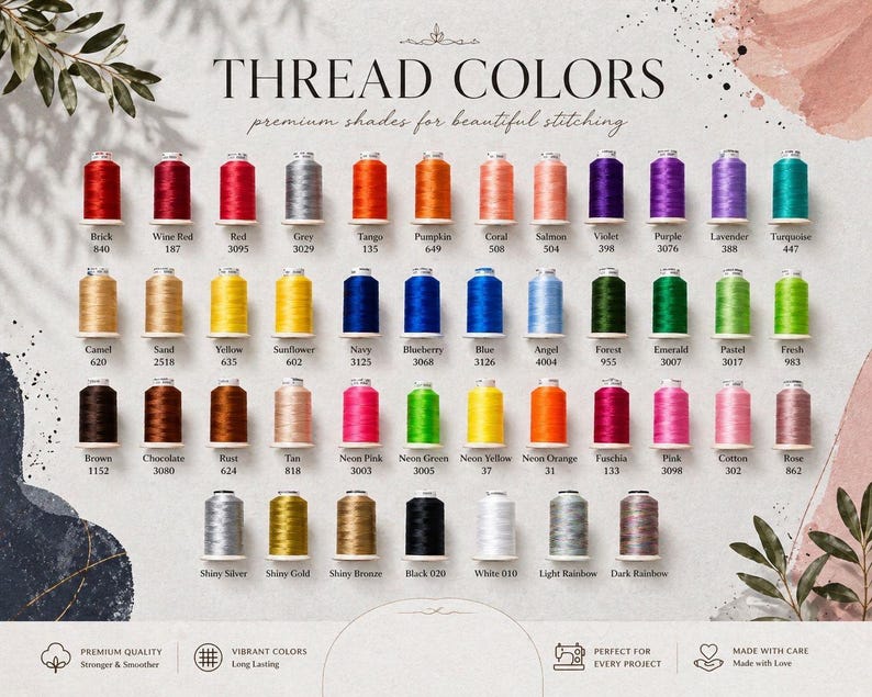 May include: A color chart displaying rows of various thread spools in a wide spectrum of shades including red, orange, yellow, green, blue, purple, pink, brown, black, white, and metallic tones. Each spool is labeled with its color name and code.