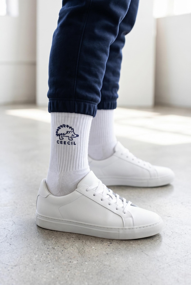 May include: White crew socks featuring a dark blue embroidered hedgehog graphic and the text CEECIL, paired with clean white low-top sneakers and dark navy blue cuffed sweatpants. The socks are ribbed and reach mid-calf in height.