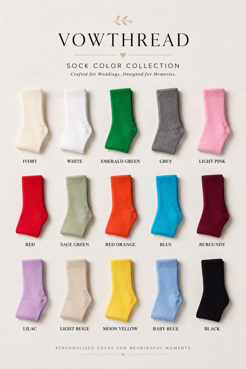 May include: A collection of fifteen ribbed socks in various colors including ivory, white, emerald green, grey, light pink, red, sage green, red orange, blue, burgundy, lilac, light beige, moon yellow, baby blue, and black, labeled VOWTHREAD.