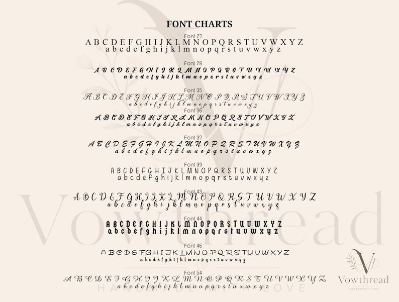 May include: A font chart display featuring the text FONT CHARTS at the top and Vowthread at the bottom right. The image lists ten distinct alphabet styles labeled Font 27, 28, 35, 36, 37, 39, 43, 44, 46, and 54, each showing uppercase and lowercase letters.