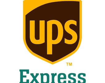 May include: The UPS logo features a brown shield shape with a yellow border and the letters ups in yellow. Below the shield, the word Express is written in dark green, serif font. A small TM symbol is positioned to the right of the shield.