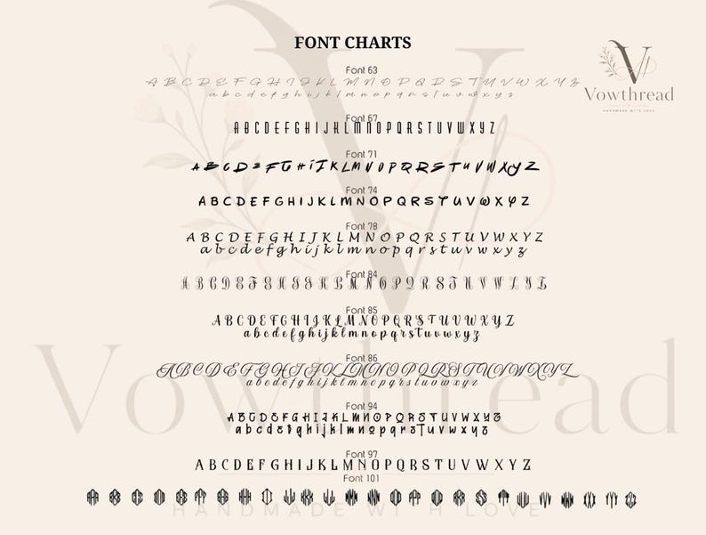 May include: A font chart display featuring black text on a light background, labeled FONT CHARTS and Vowthread. It lists various font styles numbered 63, 67, 71, 74, 78, 84, 85, 86, 94, 97, and 101, showcasing uppercase and lowercase alphabets.