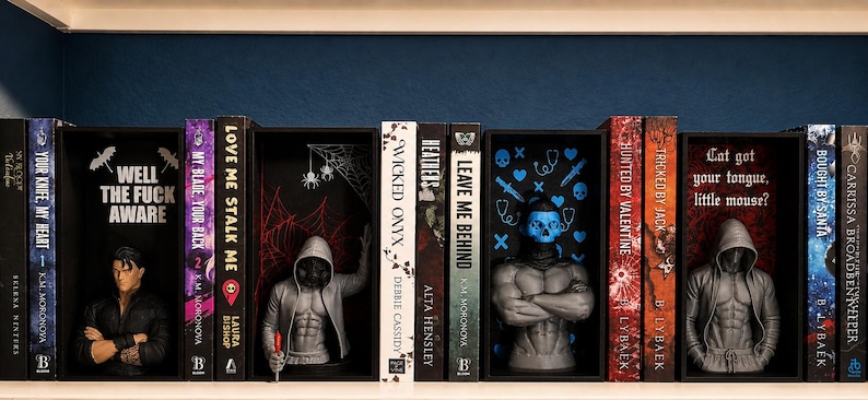 Puede incluir: Una estanter&iacute;a con varios lomos de libros y tres bustos de personajes. Los libros incluyen t&iacute;tulos como Wicked Onyx y Leave Me Behind. Los bustos representan figuras con capucha, una de ellas con una m&aacute;scara de calavera azul e iconos.