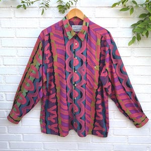 Vintage crazy print mens shirt 2XL 90s, abstract button up funky retro non binary top