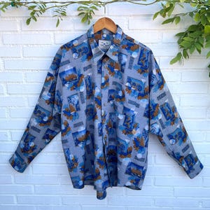 Vintage hippy mens shirt 2XL 90s, novelty button up artsy retro mod graphic top