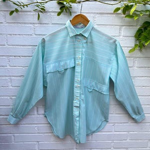 Vintage button up preppy shirt L 80s, minimalist balloon sleeve pastel blouse