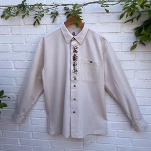 Vintage trachten embroidery mens shirt XL 90s, Austrian cotton alpine Bavarian folk ecru button up