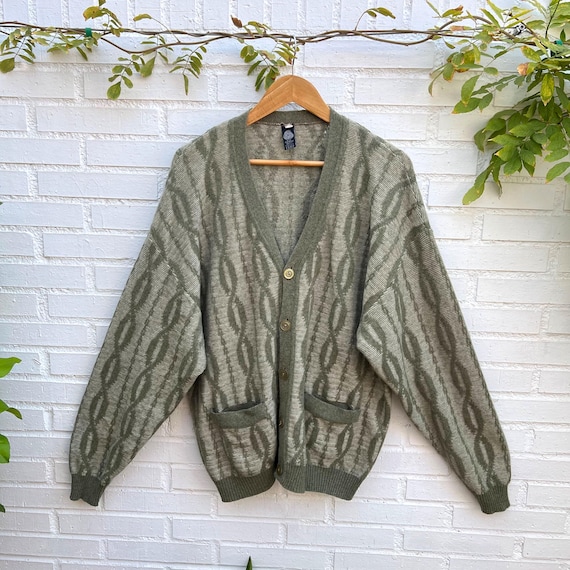 Vintage wool mens cardigan XL 90s, geometric moss green oversized knit jacket, retro grandpa office sweater