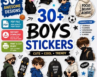 30+ Boys Printable Stickers, Kids Sticker Bundle PDF, School Notebook Stickers, Instant Download