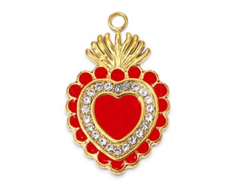 Nuevo dije del Sagrado Corazón chapado en oro de 18k: colgante de esmalte rojo, dijes ex-voto