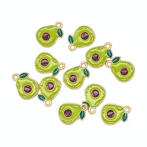 May include: A collection of ten small avocado-shaped metal charms with gold-toned edges. Each charm features bright green enamel, a dark purple centre pit, and a small dark green leaf detail. Each piece includes a small circular loop for attachment.