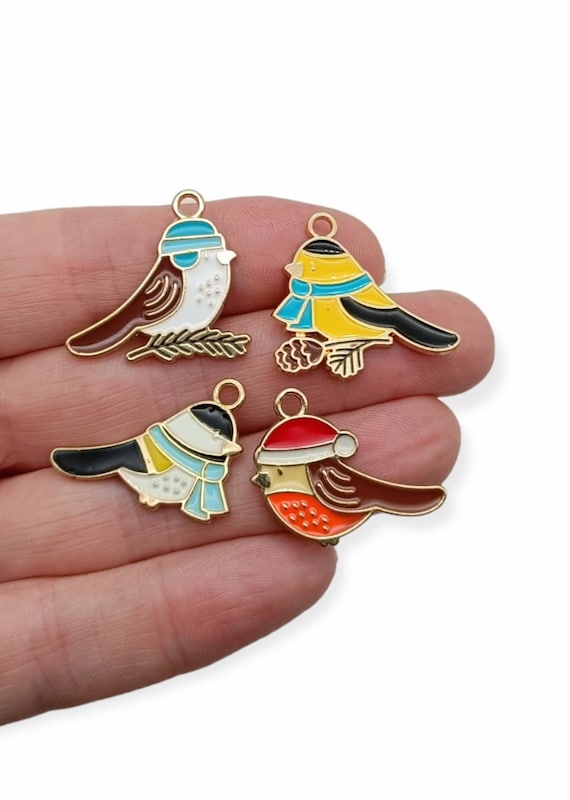 Enamel Winter Bird Charms: Gold Tone Metal, Set of 4