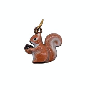 May include: A small, enamel squirrel charm featuring a warm, reddish-brown coat with white accents on the face and chest. The squirrel is depicted in a seated position, holding a dark brown acorn in its front paws, and includes a gold-toned metal jump ring.